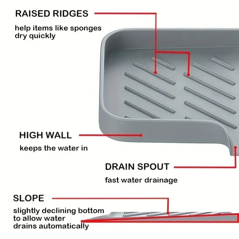 Multifunctional Silicone Sink Tray with Drain - Soap Holder, Sponge & Brush Organizer for Kitchen & Bathroom