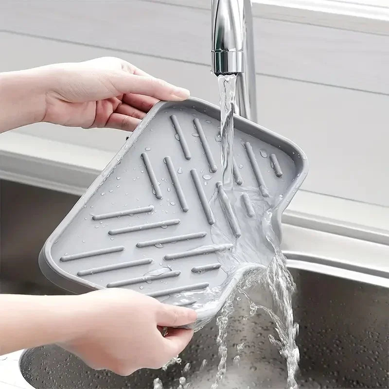Multifunctional Silicone Sink Tray with Drain - Soap Holder, Sponge & Brush Organizer for Kitchen & Bathroom